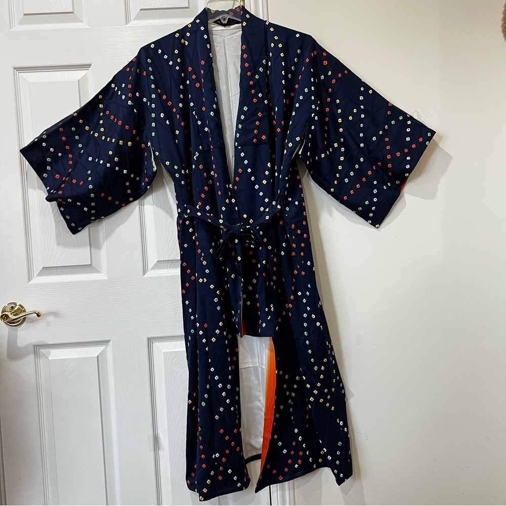 Japanese Kimono Haori Robe Shibori Pattern Cream Orange Lined Navy Blue